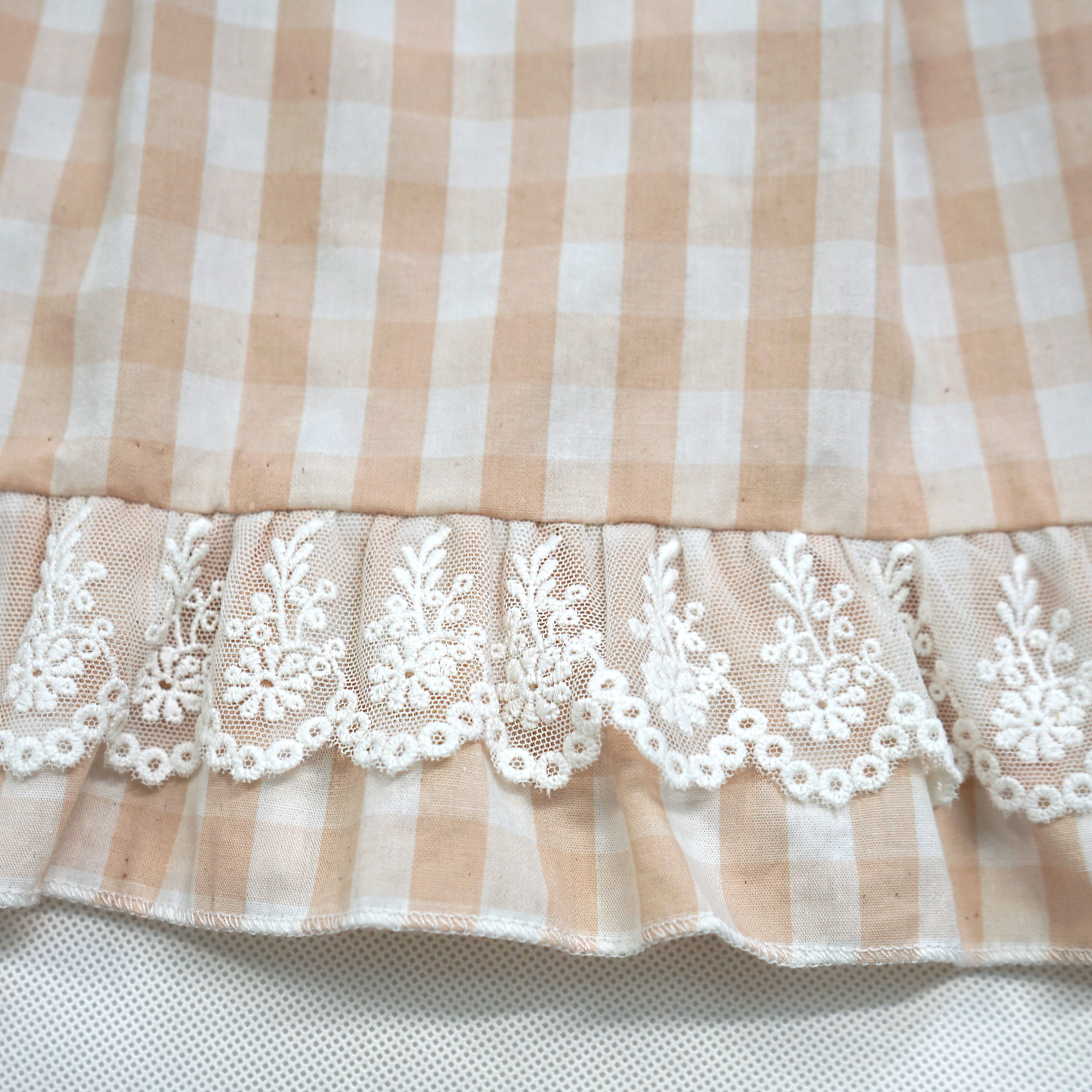 Long Elastic Waist Calf Length Ruffled Hem Pleated All-match Skirt Blue Plaid with Lace Edge